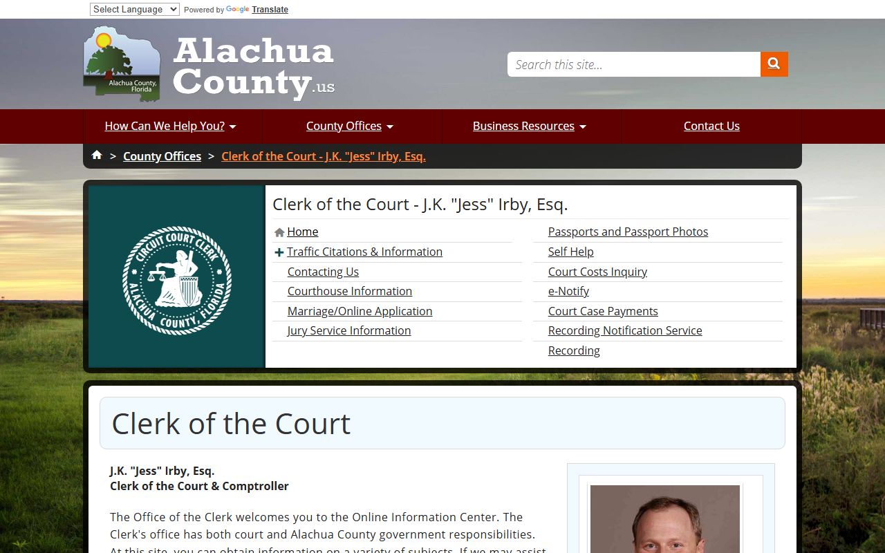 Alachua County Clerk of Court website for Gainesville marriage records search