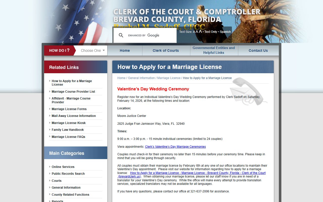 Brevard County Clerk marriage license general information for Brevard County marriage records