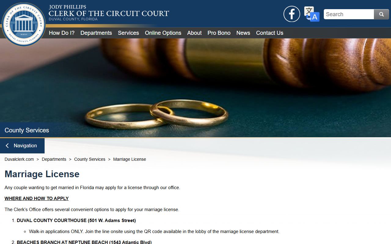 Duval County Clerk marriage license information page for marriage records