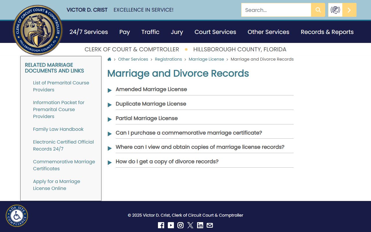 Hillsborough County Clerk marriage and divorce records page for marriage records