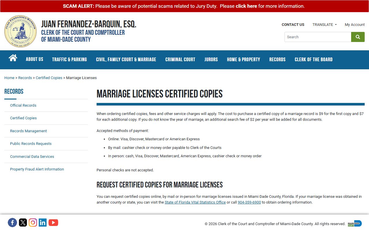 Miami-Dade County Clerk certified copies page for marriage records