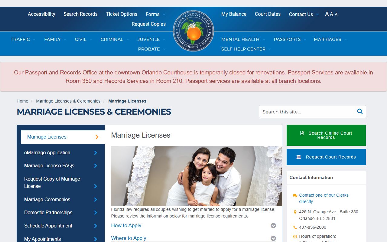 Orange County Clerk marriage licenses page for marriage records