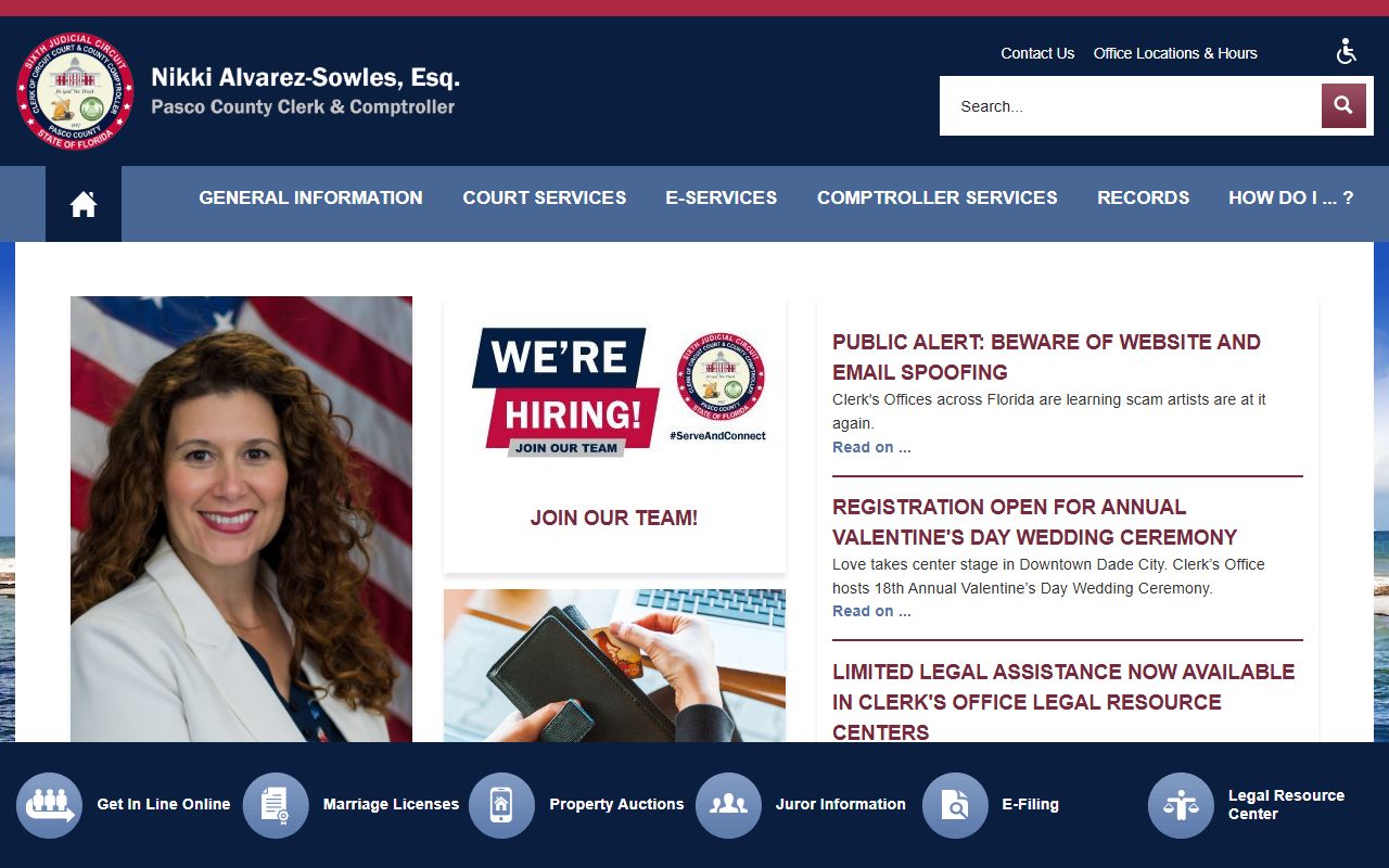 Pasco County Clerk homepage for Pasco County marriage records