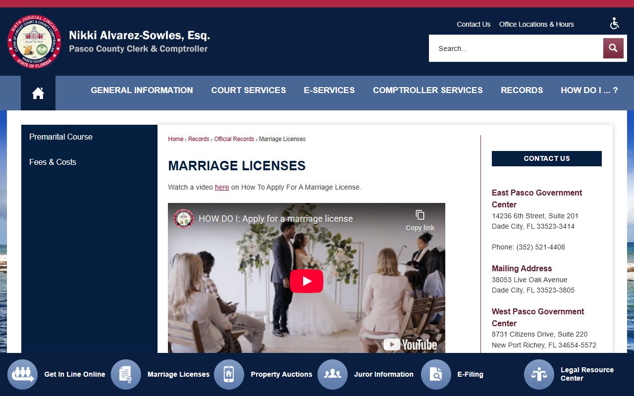 Pasco County Clerk marriage licenses page for Pasco County marriage records