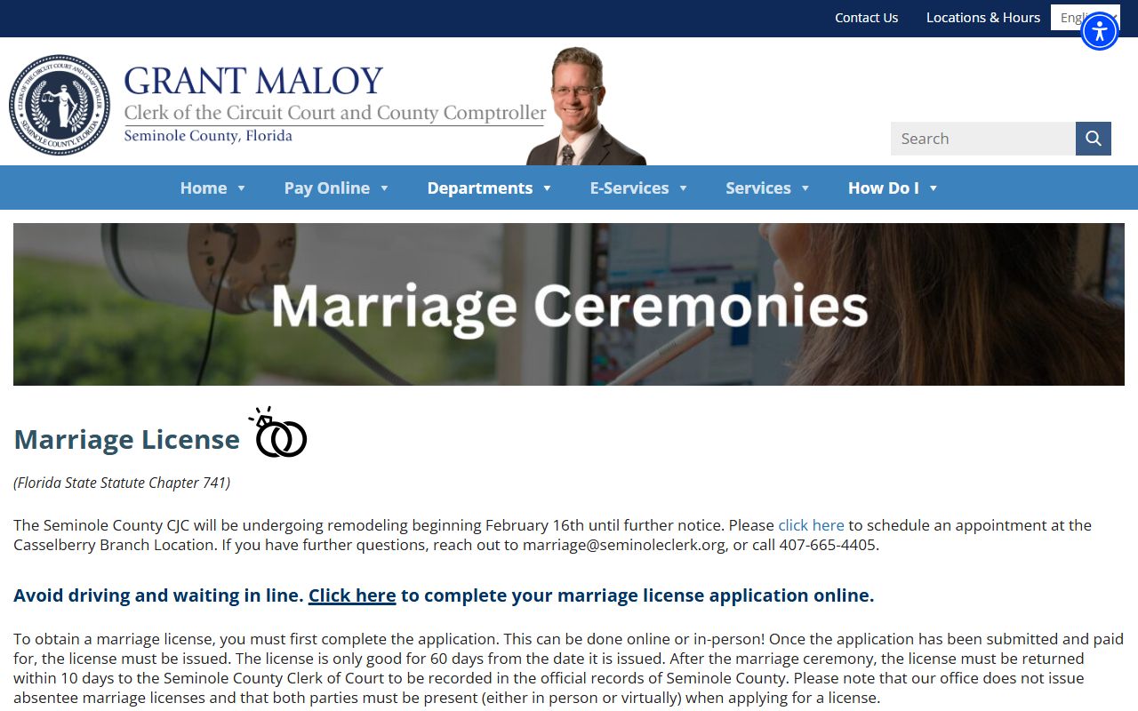 Seminole County Clerk marriage ceremonies page for Seminole County marriage records