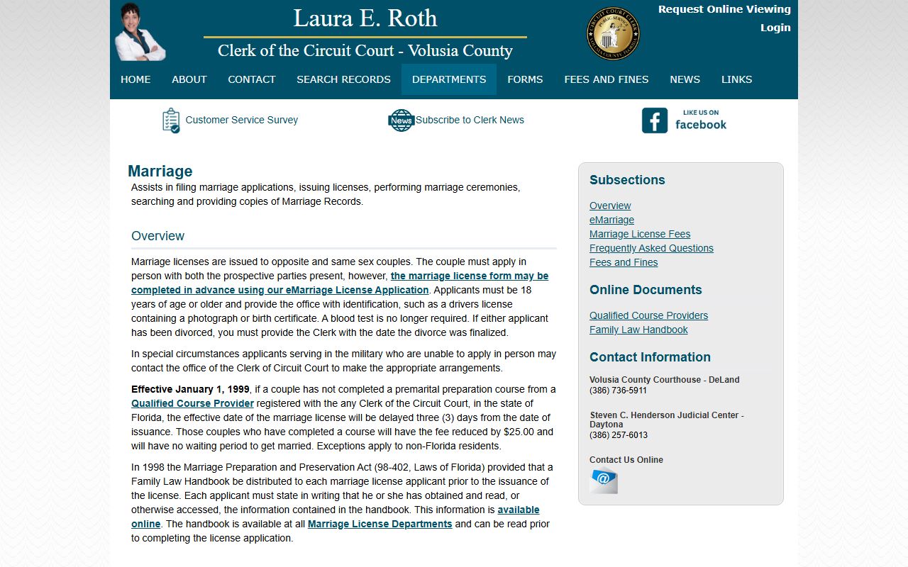 Volusia County Clerk marriage license information page for Volusia County marriage records