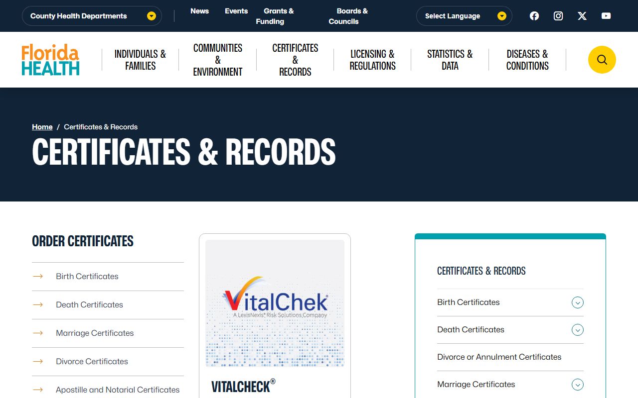 Florida Bureau of Vital Statistics portal for marriage records search
