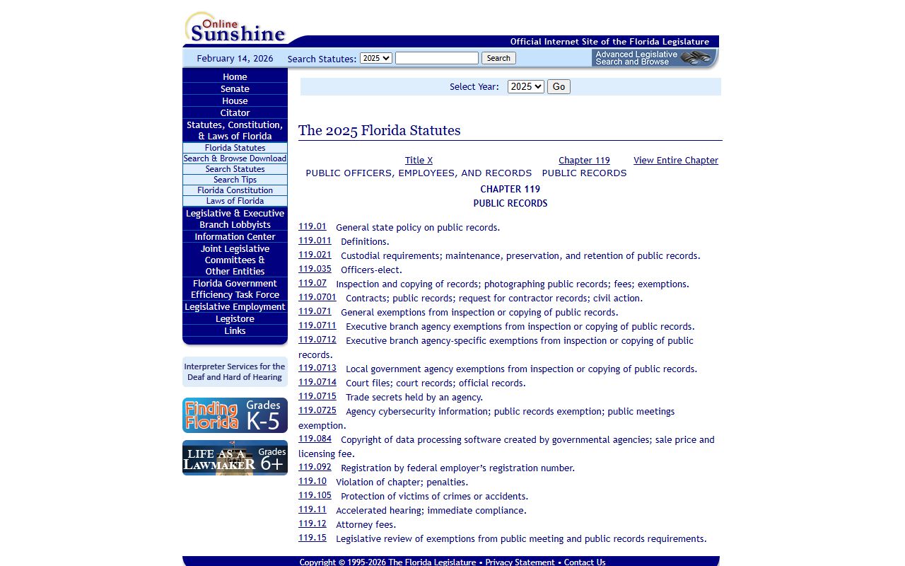 Florida Statutes Chapter 119 public records law governing access to marriage records