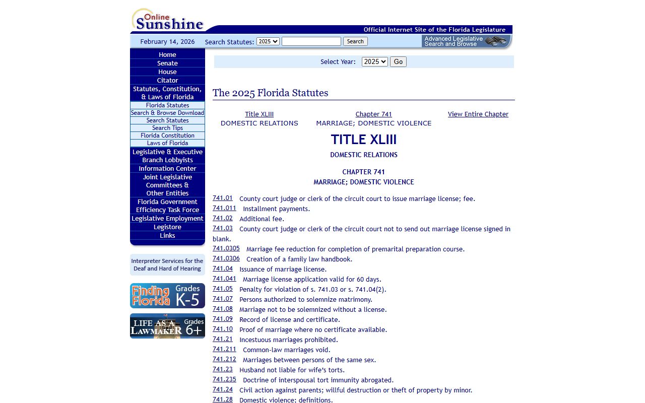 Florida Statutes Chapter 741 marriage law for Florida marriage records