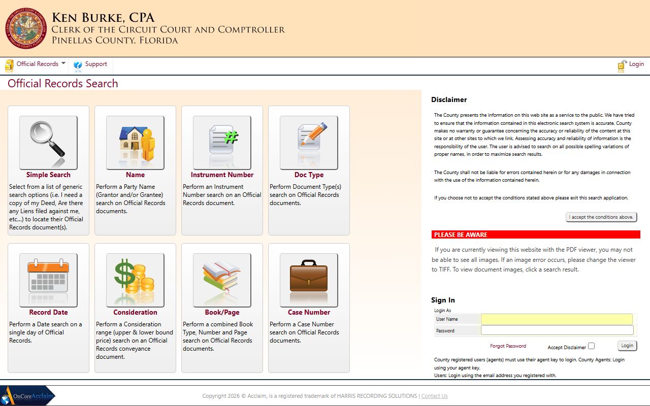 Pinellas County official records search for Florida marriage licenses