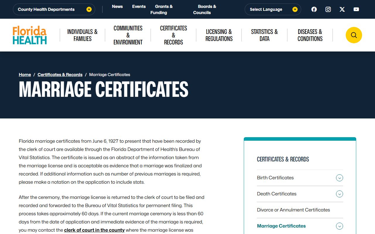 Florida Department of Health marriage records homepage for Florida marriage certificates