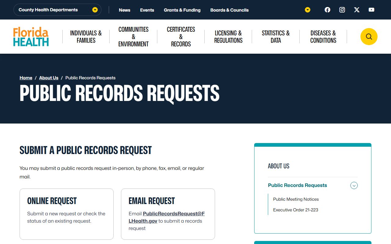 Florida Department of Health public records page with marriage record fee information