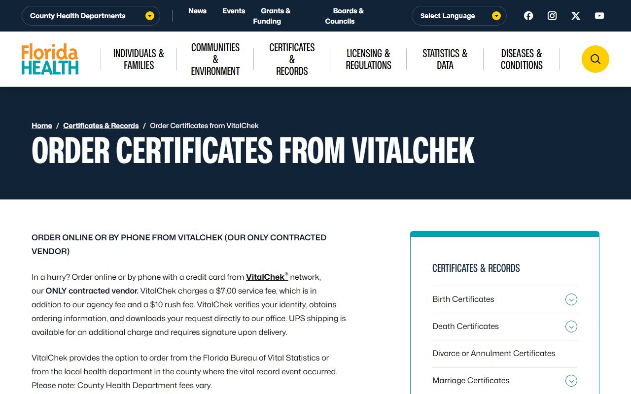 VitalChek information page for ordering Florida marriage records online